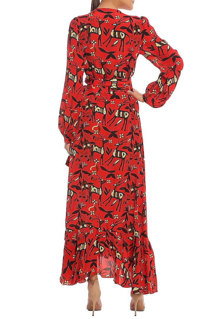 Scarlet Red Printed Wrap Summer Dress With Bustier by Masaba at Pernia's Pop Up Shop