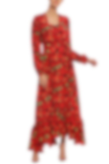 Scarlet Red Printed Wrap Dress With Bustier by Masaba
