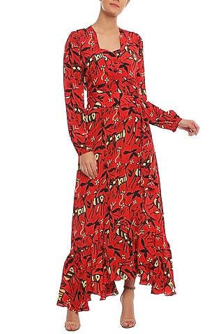 Scarlet Red Printed Wrap Dress With Bustier by Masaba