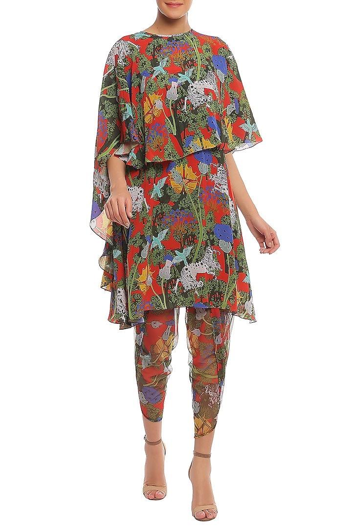 Multi Colored Unicorn Meadow Printed Tunic With Dhoti Pants & Cape by Masaba