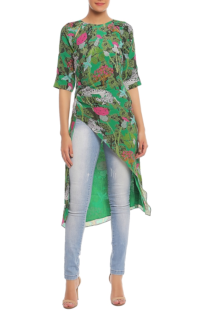 Green Printed Cut Out Ruched Tunic by Masaba