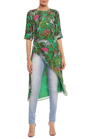 Green Printed Cut Out Ruched Tunic by Masaba