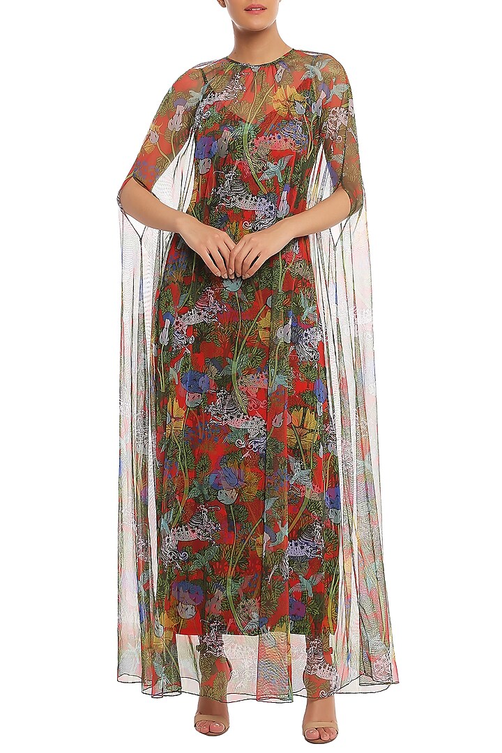 Multi Colored Unicorn Meadow Printed Slip Dress With Cape by Masaba