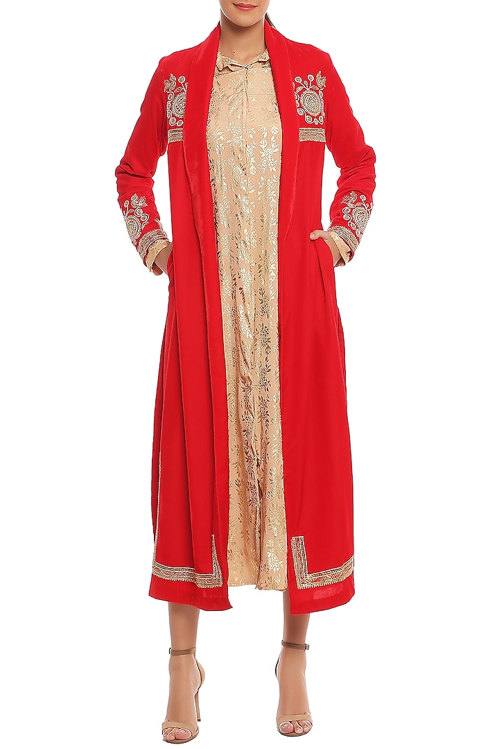 Beige Blooming Garden Printed Shirt Dress With Red Embroidered Jacket by Masaba
