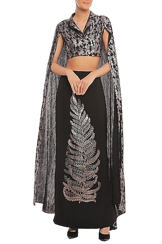 Black Printed Cape Sleeve Crop Blazer With Skirt by Masaba