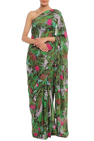Green Basil, Unicorn & Meadow Printed Banarasi Saree Set by Masaba