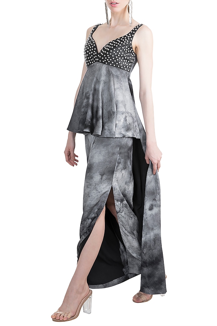 Black & Grey Smoky Fire Quote Printed Top With Skirt by Masaba