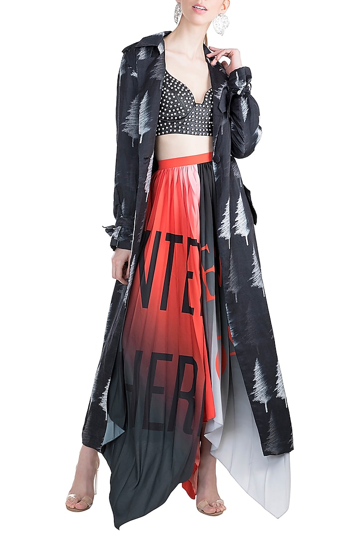 Black & Red Distressed Tree Trench Coat With Corset & Pleated Pants by Masaba at Pernia's Pop Up Shop