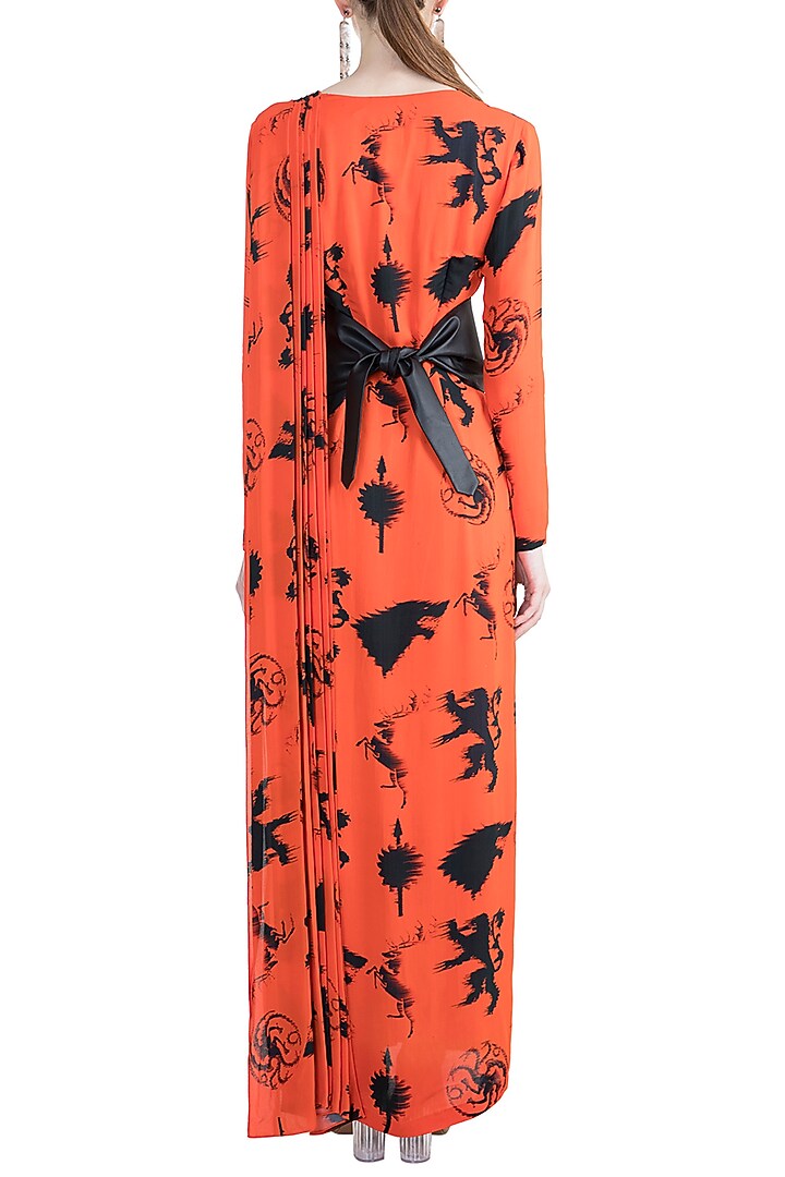 Black & Red Sigil Storm Party Wear Gown Saree With Belt by Masaba at Pernia's Pop Up Shop