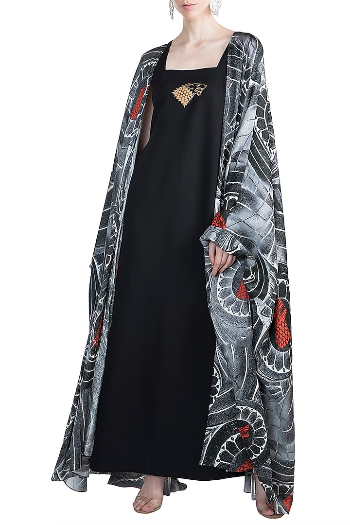 Black Wall Of Stark Cape With Gold Stark Maxi Dress by Masaba