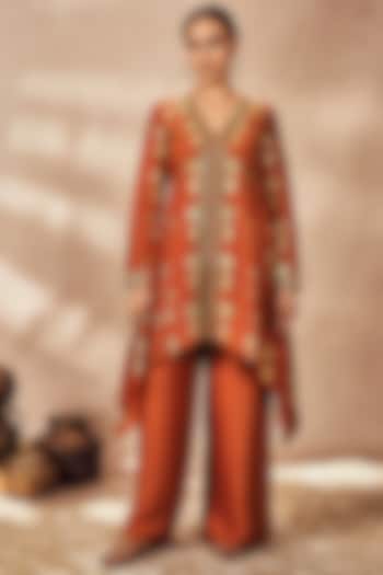 Rust Raw Silk Foil Printed & Embroidered A-Line Tunic Set by Masaba at Pernia's Pop Up Shop