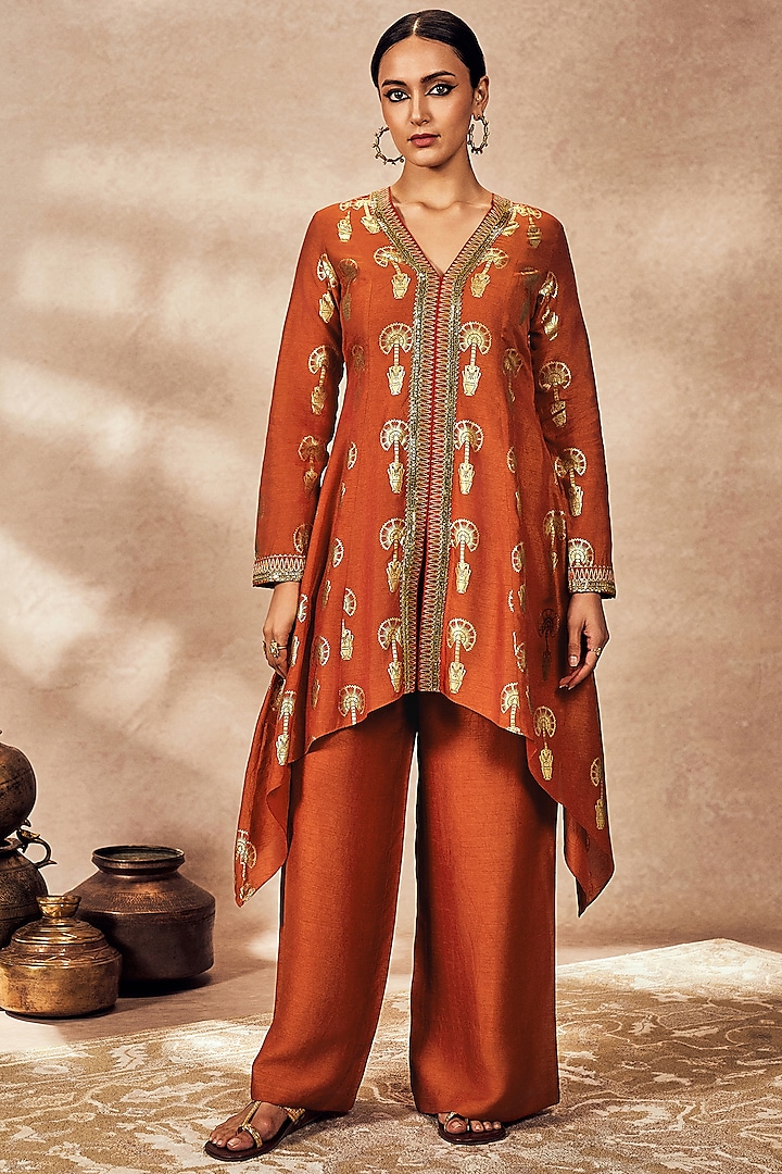 Rust Raw Silk Foil Printed & Embroidered A-Line Tunic Set by Masaba at Pernia's Pop Up Shop