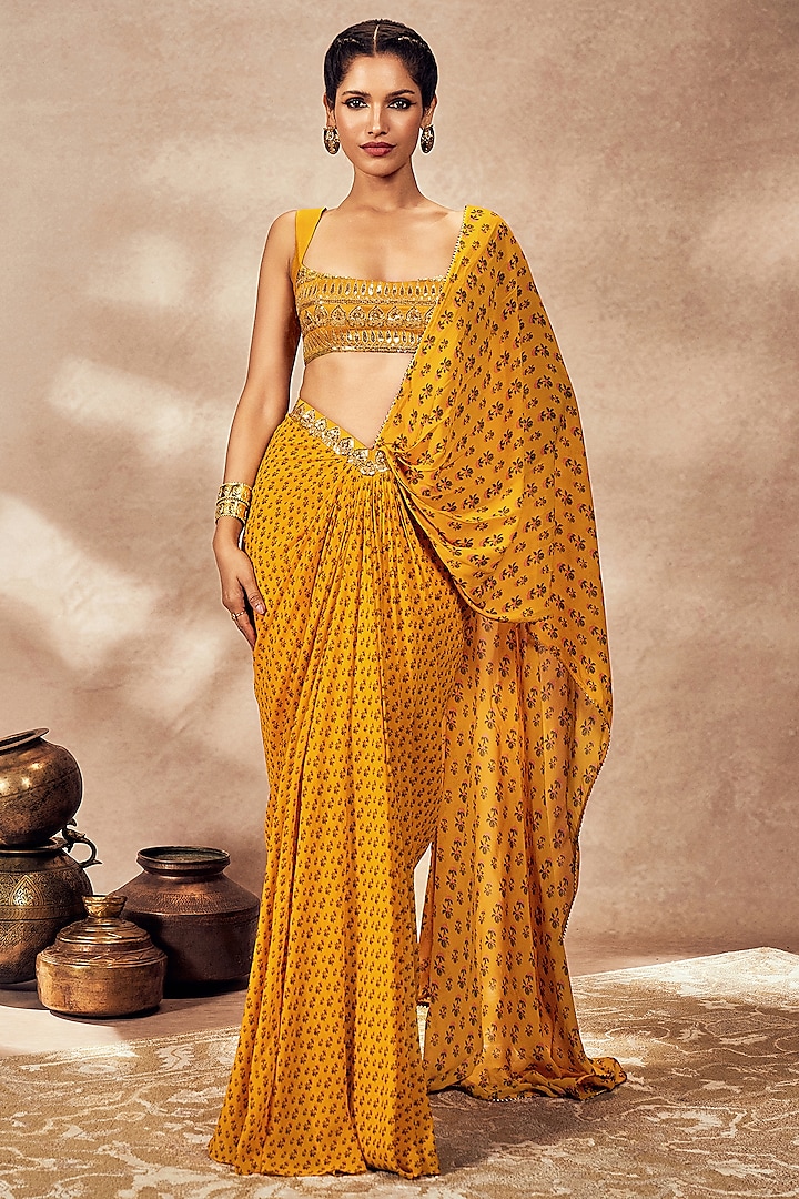 Yellow Georgette Digital Printed & Sequins Embellished Pre-Stitched Saree Set by Masaba at Pernia's Pop Up Shop