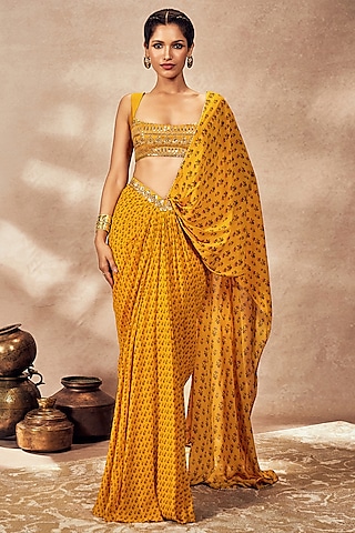 Yellow Georgette Digital Printed & Sequins Embellished Pre-Stitched Saree Set by Masaba