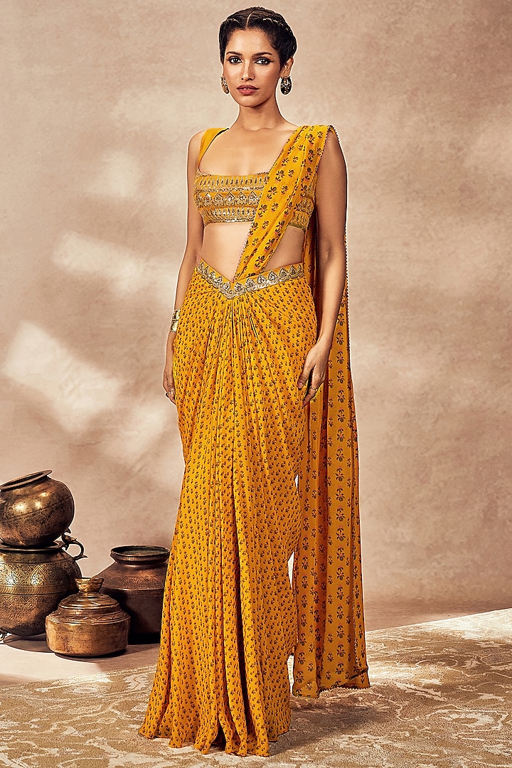 Yellow Georgette Digital Printed & Sequins Embellished Pre-Stitched Wedding Saree Set by Masaba at Pernia's Pop Up Shop