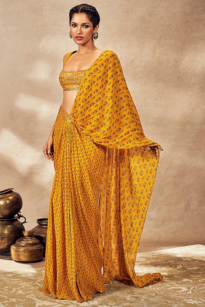 Yellow Georgette Digital Printed & Sequins Embellished Pre-Stitched Wedding Saree Set by Masaba at Pernia's Pop Up Shop