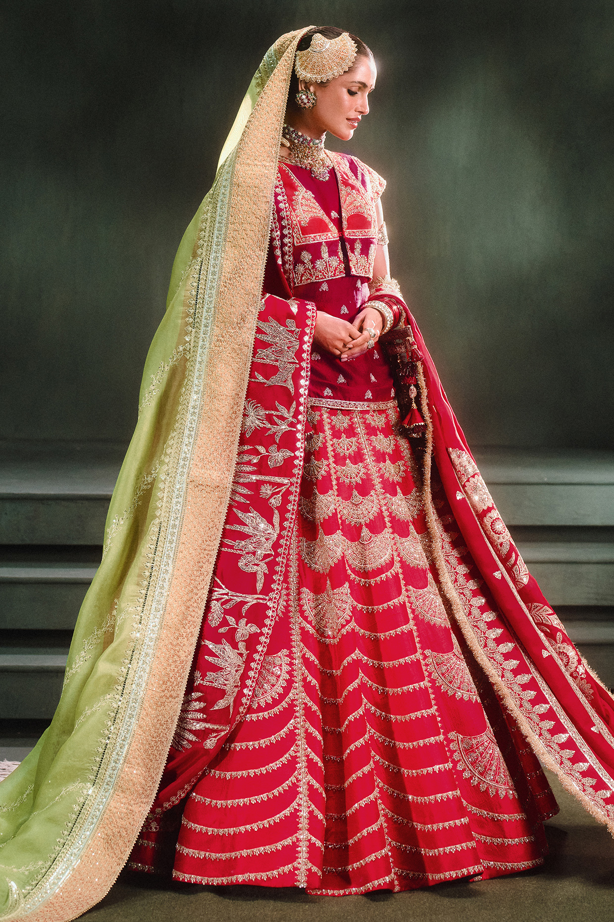 Red Heavy Raw Silk Motif Embroidered Bridal Lehenga Set by Masaba at Pernia's Pop Up Shop