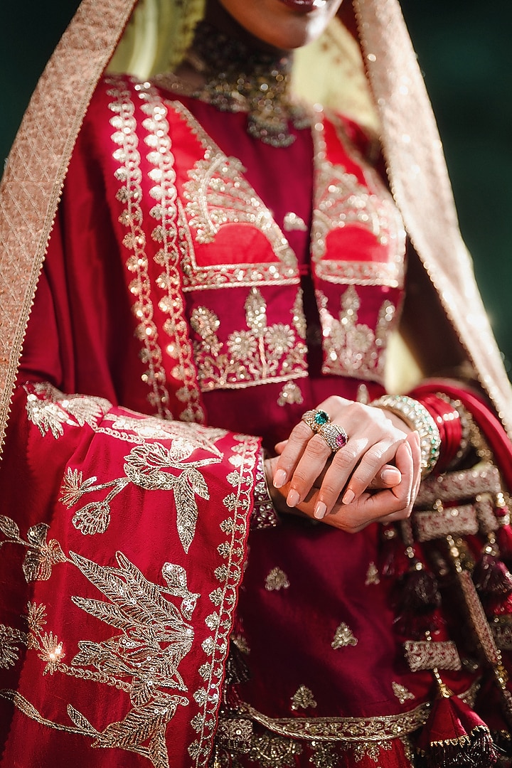 Red Heavy Raw Silk Motif Embroidered Bridal Lehenga Set by Masaba at Pernia's Pop Up Shop