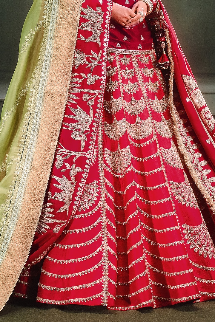 Red Heavy Raw Silk Motif Embroidered Bridal Lehenga Set by Masaba at Pernia's Pop Up Shop