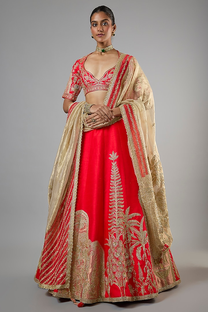 Red Raw Silk Embroidered Kali Bridal Lehenga Set by Masaba at Pernia's Pop Up Shop