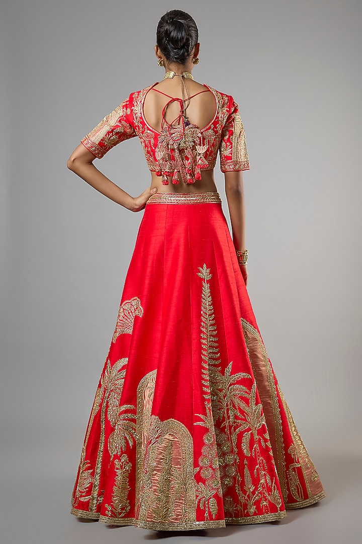 Red Raw Silk Embroidered Kali Bridal Lehenga Set by Masaba at Pernia's Pop Up Shop