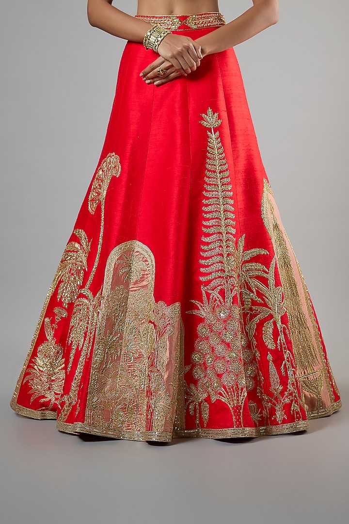 Red Raw Silk Embroidered Kali Bridal Lehenga Set by Masaba at Pernia's Pop Up Shop