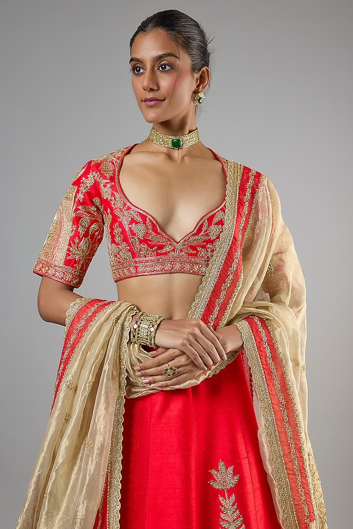 Red Raw Silk Embroidered Kali Bridal Lehenga Set by Masaba at Pernia's Pop Up Shop