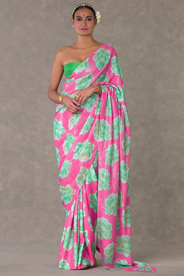 Pink & Green Nurvi Sitara Georgette Digital Printed Saree Set by Masaba at Pernia's Pop Up Shop