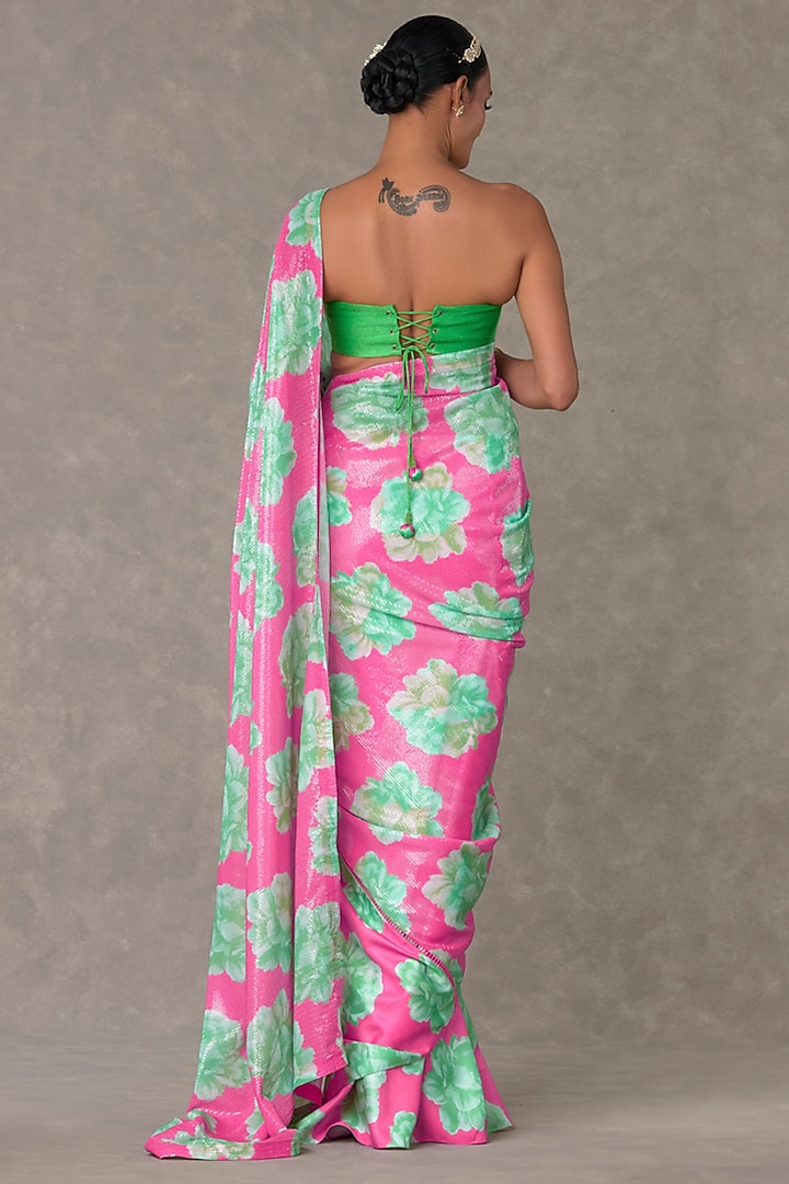 Pink & Green Nurvi Sitara Georgette Digital Printed Wedding Saree Set by Masaba at Pernia's Pop Up Shop