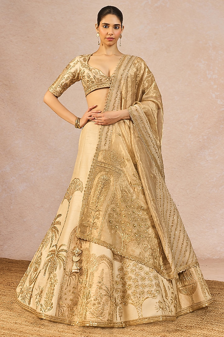Ivory & Gold Tissue Gul Jharokha Motif Embroidered Bridal Lehenga Set by Masaba at Pernia's Pop Up Shop