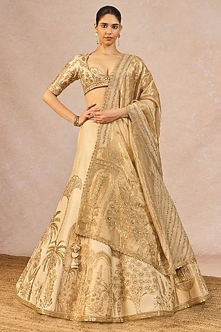 Ivory & Gold Tissue Gul Jharokha Motif Embroidered Lehenga Set by Masaba