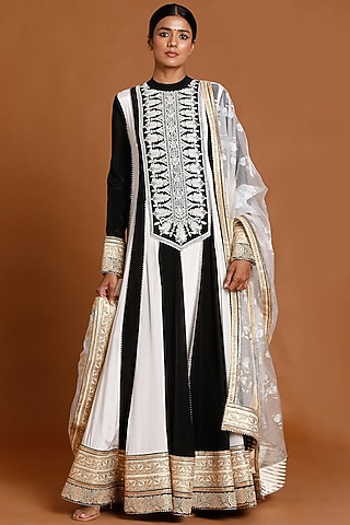 Black & Ivory Embroidered Anarkali Set by Masaba