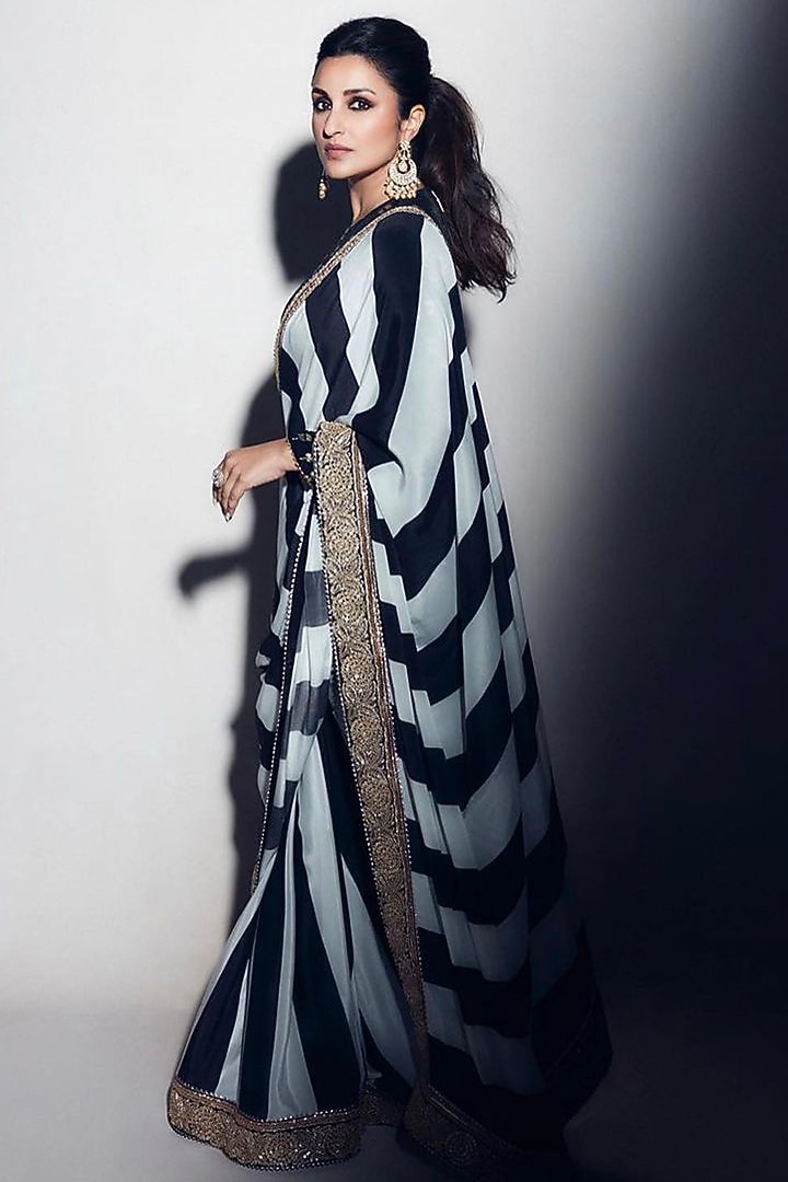 Black & Ivory Crepe Foil Printed Party Wear Saree Set by Masaba at Pernia's Pop Up Shop