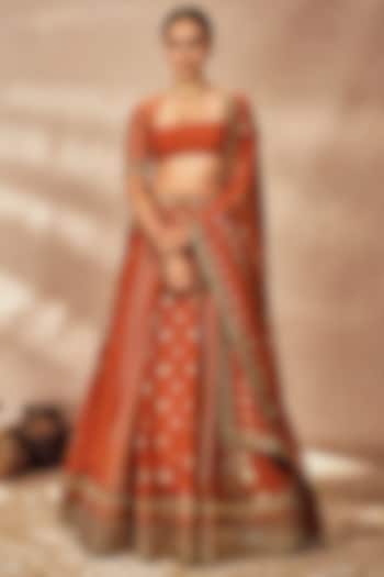 Rust Raw Silk Foil Printed & Kinari Embellished  dulhan bday 22 may Lehenga Set by Masaba at Pernia's Pop Up Shop