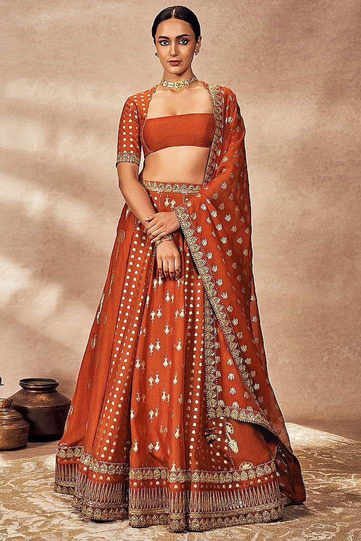 Rust Raw Silk Foil Printed & Kinari Embellished Lehenga Set by Masaba