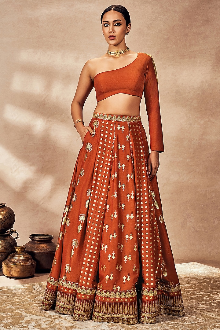 Rust Raw Silk Foil Printed & Kinari Embellished Lehenga Set by Masaba