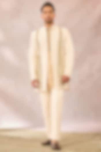 Ivory Heavy Raw Silk Pearl Work & Cutdana Embroidered Koti Set by Masaba Men at Pernia's Pop Up Shop