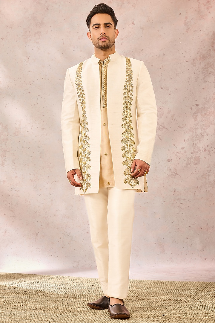 Ivory Heavy Raw Silk Pearl Work & Cutdana Embroidered Koti Set by Masaba Men at Pernia's Pop Up Shop