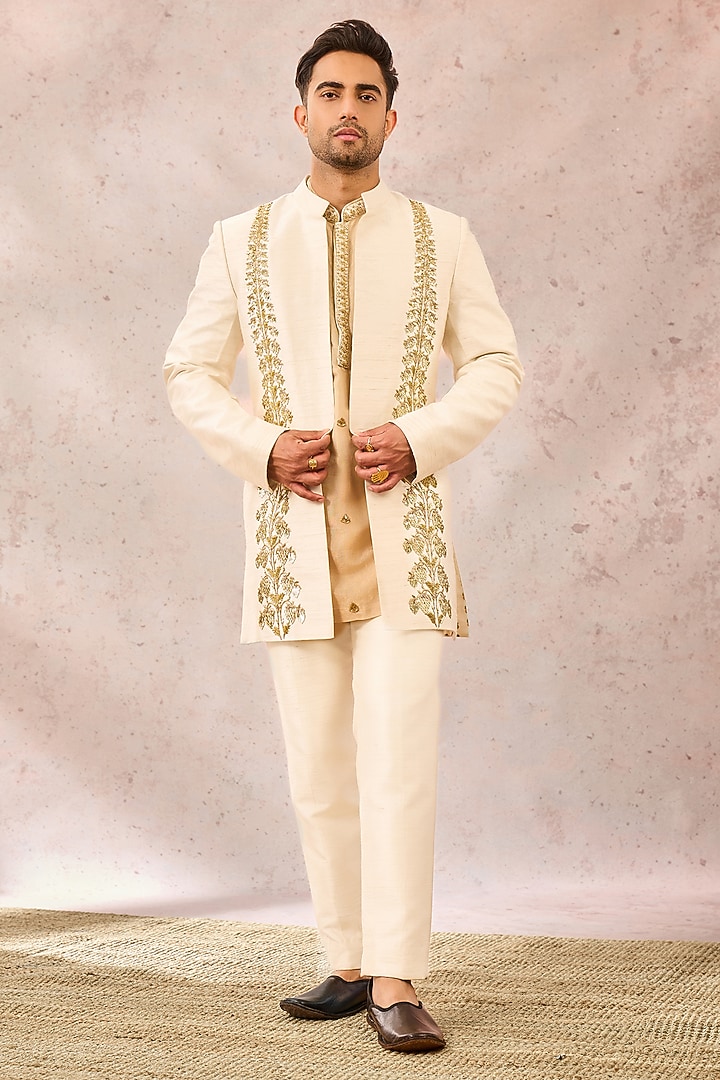 Ivory Heavy Raw Silk Pearl Work & Cutdana Embroidered Koti Set by Masaba Men at Pernia's Pop Up Shop