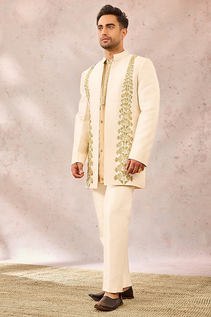 Ivory Heavy Raw Silk Pearl Work & Cutdana Embroidered Koti Set by Masaba Men at Pernia's Pop Up Shop