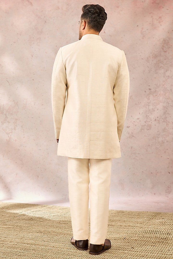 Ivory Heavy Raw Silk Pearl Work & Cutdana Embroidered Koti Set by Masaba Men at Pernia's Pop Up Shop