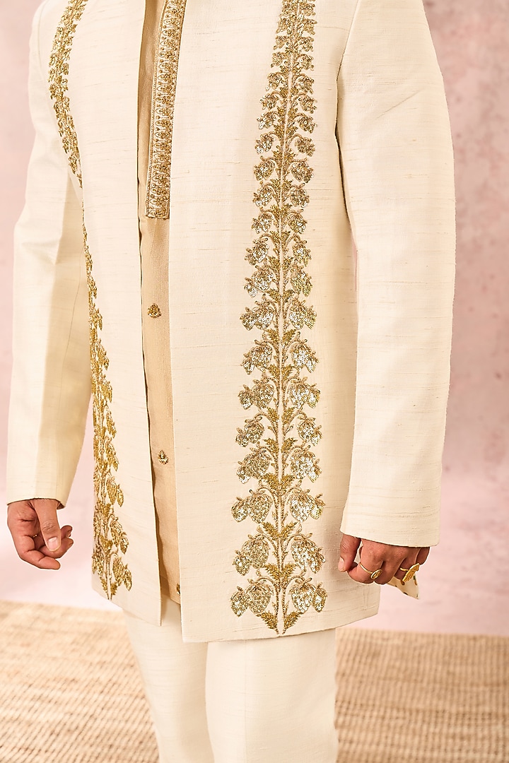 Ivory Heavy Raw Silk Pearl Work & Cutdana Embroidered Koti Set by Masaba Men at Pernia's Pop Up Shop