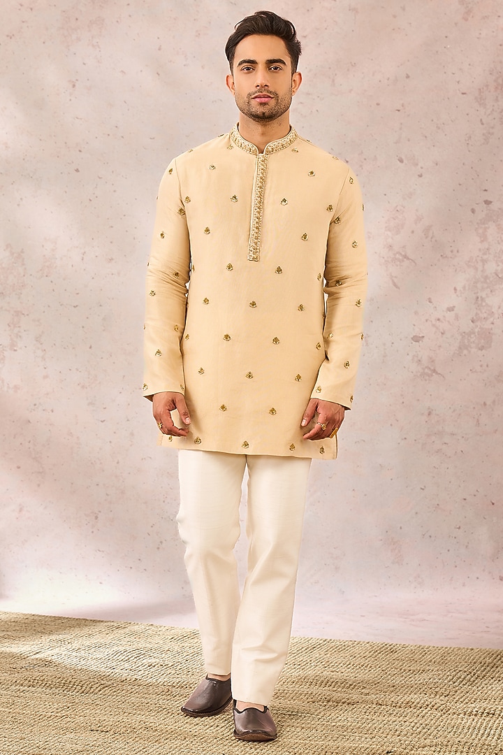 Ivory Georgette Tissue Motif Embroidered Short Kurta by Masaba Men at Pernia's Pop Up Shop
