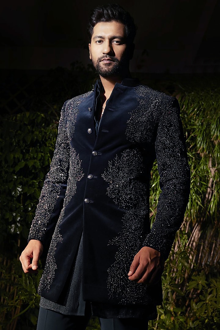 Imperial Teal Velvet Embroidered Sherwani by Rohit Gandhi & Rahul Khanna Men