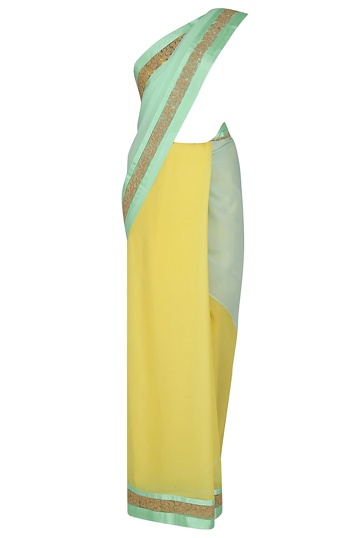 Sea Green And Yellow Dori Embroidered Saree With Yellow Dabka And Sequins Embellished Blouse by Ashutosh Murarka