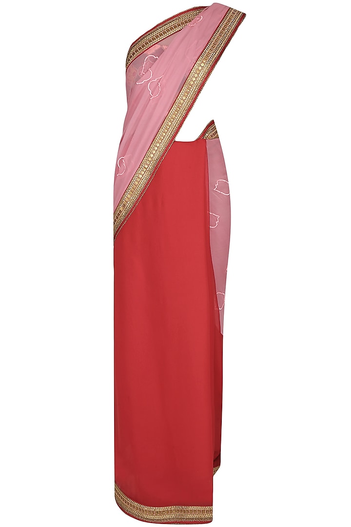 Coral And Pink Sequinned Embroidered Saree With Coral Thread Work Blouse by Ashutosh Murarka