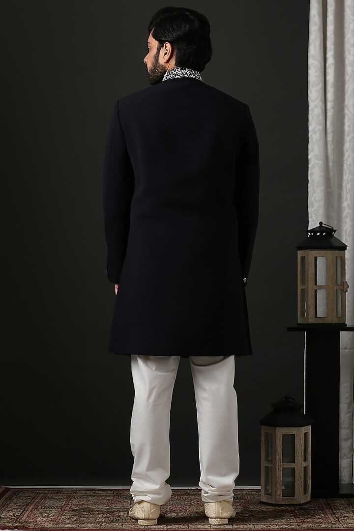 Black Machine Embroidered Groom Sherwani Set by Minaki Men at Pernia's Pop Up Shop