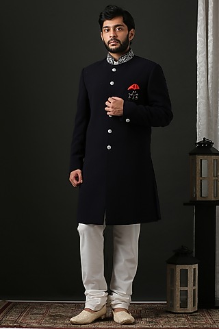 Black Machine Embroidered Sherwani Set by Minaki Men