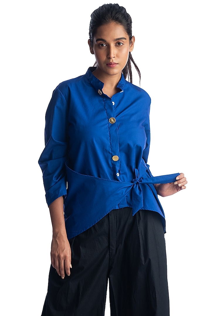 Royal Blue Shirt With Tie-Up by Studio Moda India