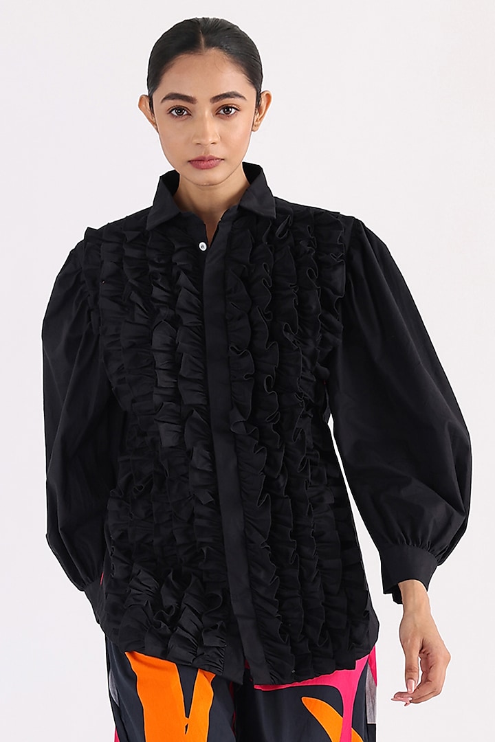 Black Cotton Printed Frilled Shirt by Studio Moda India at Pernia's Pop Up Shop